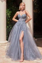CD CD0230 - Strapless Layered Tulle A-Line Prom Gown with Sheer Corset Bodice & High Leg Slit PROM GOWN Cinderella Divine 2 SMOKY BLUE 