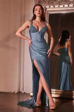 CD CD0231 - Stretch Satin Fit & Flare Prom Gown with Boned Beaded Bodice & Leg Slit PROM GOWN CINDERELLA DIVINE 4 Smoky Blue 