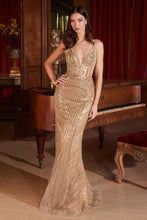 CD CD0232 - Bead Embellished Fit & Flare Prom Gown with Sheer V-Neck Bodice PROM GOWN Cinderella Divine 2 MOCHA GOLD 