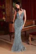 CD CD0232 - Bead Embellished Fit & Flare Prom Gown with Sheer V-Neck Bodice PROM GOWN Cinderella Divine 2 SMOKY BLUE 
