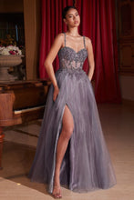 CD CD0234 - Lace Embellished A-Line Prom Gown with Sheer Bodice & Leg Slit PROM GOWN Cinderella Divine 2 ENGLISH VIOLET 