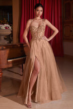 CD CD0234 - Lace Embellished A-Line Prom Gown with Sheer Bodice & Leg Slit PROM GOWN Cinderella Divine 2 MOCHA GOLD 
