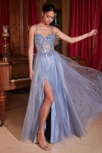CD CD0234 - Lace Embellished A-Line Prom Gown with Sheer Bodice & Leg Slit PROM GOWN Cinderella Divine 2 SMOKY BLUE 