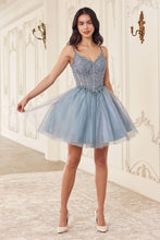 CD CD0236 - Short Layered Glitter Tulle A-line Homecoming Dress with Sheer Beaded Lace Appliqued V-Neck Bodice Homecoming Cinderella Divine XXS SMOKY BLUE 