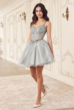 CD CD0236 - Short Layered Glitter Tulle A-line Homecoming Dress with Sheer Beaded Lace Appliqued V-Neck Bodice Homecoming Cinderella Divine XXS SILVER 