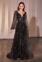 CD 0240 - Bead Embellished A-line Formal Gown with Sheer Long Sleeves & Plunging V-Neck Mother of the Bride CINDERELLA DIVINE 6 BLACK