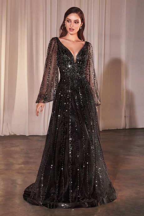 CD 0240 - Bead Embellished A-line Formal Gown with Sheer Long Sleeves & Plunging V-Neck Mother of the Bride CINDERELLA DIVINE 6 BLACK