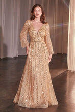 CD 0240 - Bead Embellished A-line Formal Gown with Sheer Long Sleeves & Plunging V-Neck Mother of the Bride CINDERELLA DIVINE 6 CHAMPAGNE GOLD