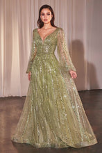 CD 0240 - Bead Embellished A-line Formal Gown with Sheer Long Sleeves & Plunging V-Neck Mother of the Bride CINDERELLA DIVINE 6 GREENERY