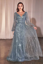 CD 0240 - Bead Embellished A-line Formal Gown with Sheer Long Sleeves & Plunging V-Neck Mother of the Bride CINDERELLA DIVINE 6 SMOKY BLUE