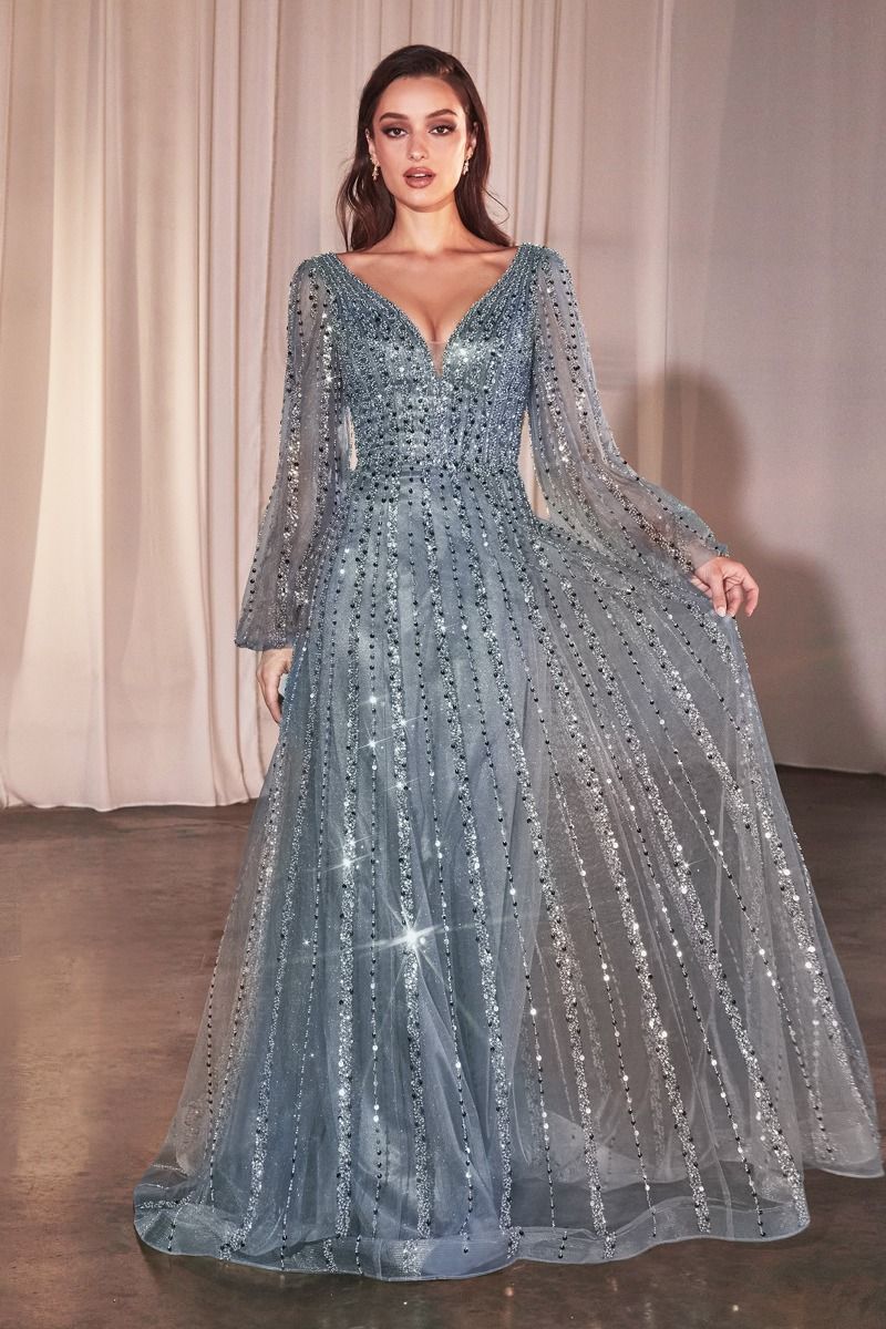 CD 0240 - MOB Bead Embellished A-line Formal Gown with Sheer Long Slee Diggz Formals CD 0240 - MOB Bead Embellished A-line Formal Gown with Sheer Long Slee Diggz Formals