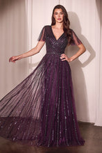 CD CD0241 - Linear Beaded A-Line Gown with V-Neck & Butterfly Sleeves Mother of the Bride CINDERELLA DIVINE Eggplant 6