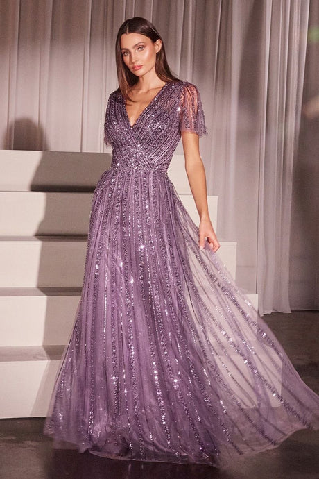 CD CD0241 - Linear Beaded A-Line Formal Gown with V-Neck & Butterfly Sleeves Mother of the Bride Cinderella Divine 6 English Violet