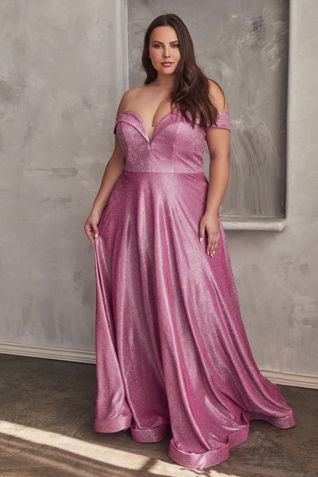 CD CD210C - Plus Size Off The Shoulder Glitter Metallic A-Line Prom Gown with Sweetheart Neck Pockets & Lace Up Corset Back PROM GOWN Cinderella Divine 16 METALLIC ROSE 