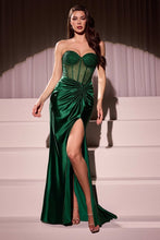 CD CD2408 - Strapless Satin Fit & Flare Prom Gown with Sheer Rhinestone Bodice Gathered Waist Leg Slit & Open Lace Up Back PROM GOWN Cinderella Divine 0 Emerald