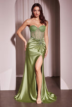 CD CD2408 - Strapless Satin Fit & Flare Prom Gown with Sheer Rhinestone Bodice Gathered Waist Leg Slit & Open Lace Up Back PROM GOWN Cinderella Divine 0 Greenery