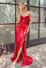 CD CD2408 - Strapless Satin Fit & Flare Prom Gown with Sheer Rhinestone Bodice Gathered Waist Leg Slit & Open Lace Up Back PROM GOWN Cinderella Divine 0 Red