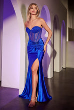 CD CD2408 - Strapless Satin Fit & Flare Prom Gown with Sheer Rhinestone Bodice Gathered Waist Leg Slit & Open Lace Up Back PROM GOWN Cinderella Divine 0 Royal Blue