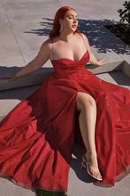 CD CD252P - Plus Size Shimmering A-Line Prom Gown with Boned Bodice Cowl Neck Open Corset Back & Leg Slit PROM GOWN Cinderella Divine 18 RED 