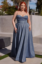 CD CD252C - Plus Size Shimmering A-Line Prom Gown with Boned Bodice Cowl Neck Open Corset Back & Leg Slit PROM GOWN Cinderella Divine 18 SMOKY BLUE 