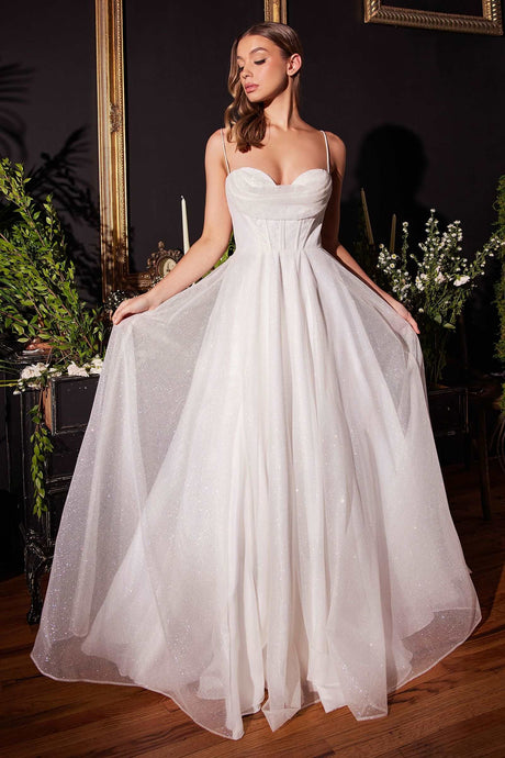 CD CD253W - Glittery Layered Tulle A-Line Wedding Gown with Corset Bodice Cowl Neck & Leg Slit Wedding Gown Cinderella Divine   