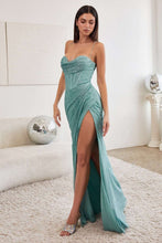 CD CD254 -Shimmery Fit & Flare Prom Gown with Boned Corset Bodice & Cowl Neck Open Lace Up Back & Leg Slit Prom Gown Cinderella Divine 2 SEA MIST 