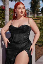 CD CD254C -Plus Size Shimmery Fit & Flare Prom Gown with Boned Corset Bodice & Cowl Neck Open Lace Up Back & Leg Slit Prom Gown Cinderella Divine 18 BLACK 
