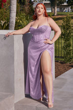 CD CD254C -Plus Size Shimmery Fit & Flare Prom Gown with Boned Corset Bodice & Cowl Neck Open Lace Up Back & Leg Slit Prom Gown Cinderella Divine 18 LAVENDER 