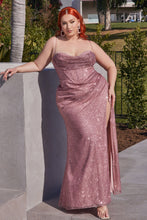 CD CD254C -Plus Size Shimmery Fit & Flare Prom Gown with Boned Corset Bodice & Cowl Neck Open Lace Up Back & Leg Slit Prom Gown Cinderella Divine 18 ROSEWOOD 