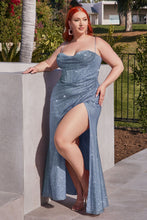CD CD254C -Plus Size Shimmery Fit & Flare Prom Gown with Boned Corset Bodice & Cowl Neck Open Lace Up Back & Leg Slit Prom Gown Cinderella Divine 18 SMOKY BLUE 