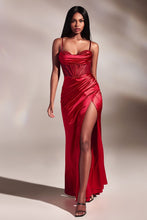 CD CD265 - Stretch Satin Fit & Flare Prom Gown with Bead Embellished Cowl Neck Boned Bodice Lace Up Back & Leg Slit PROM GOWN Cinderella Divine 2 RED 
