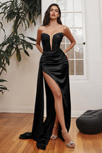 CD CD269 - Strapless Stretch Satin Prom Gown with Crystal Accented Leg Slit & Sheer Boned Corset Bodice PROM GOWN Cinderella Divine 2 BLACK 