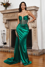 CD CD269 - Strapless Stretch Satin Prom Gown with Crystal Accented Leg Slit & Sheer Boned Corset Bodice PROM GOWN Cinderella Divine 2 EMERALD 