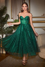 CD CD275T - Strapless Glitter A-Line Tea Length with Sheer Bodice and Corset Style Back Prom Dress Cinderella Divine Emerald 14