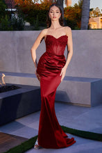 CD CD282 - Strapless Stretch Satin Fit & Flare Prom Gown Embellished with Intricate Beaded Lace Over a Sheer Boned Corset Bodice & Leg Slit PROM GOWN Cinderella Divine 6 BURGUNDY 