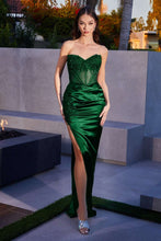 CD CD282 - Strapless Stretch Satin Fit & Flare Prom Gown Embellished with Intricate Beaded Lace Over a Sheer Boned Corset Bodice & Leg Slit PROM GOWN Cinderella Divine 4 EMERALD 
