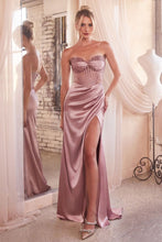 CD CD295 - Strapless Stretch Satin Fit & Flare Prom Gown with Sheer Bead Embellished Boned corset Bodice Leg Slit & Open Lace Up Back PROM GOWN Cinderella Divine 2 DUSTY ROSE 