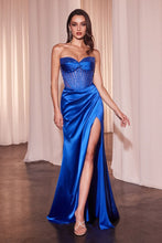CD CD295 - Strapless Stretch Satin Fit & Flare Prom Gown with Sheer Bead Embellished Boned corset Bodice Leg Slit & Open Lace Up Back PROM GOWN Cinderella Divine