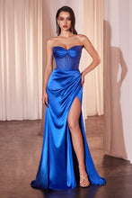 CD CD295 - Strapless Stretch Satin Fit & Flare Prom Gown with Sheer Bead Embellished Boned corset Bodice Leg Slit & Open Lace Up Back PROM GOWN Cinderella Divine 2 ROYAL