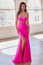 CD CD307 - Stretch Glitter Fit & Flare Prom Gown with Sheer Boned Corset Crystal Detailed Bodice Leg Slit & Lace Up Corset Back PROM GOWN Cinderella Divine 2 HOT PINK 