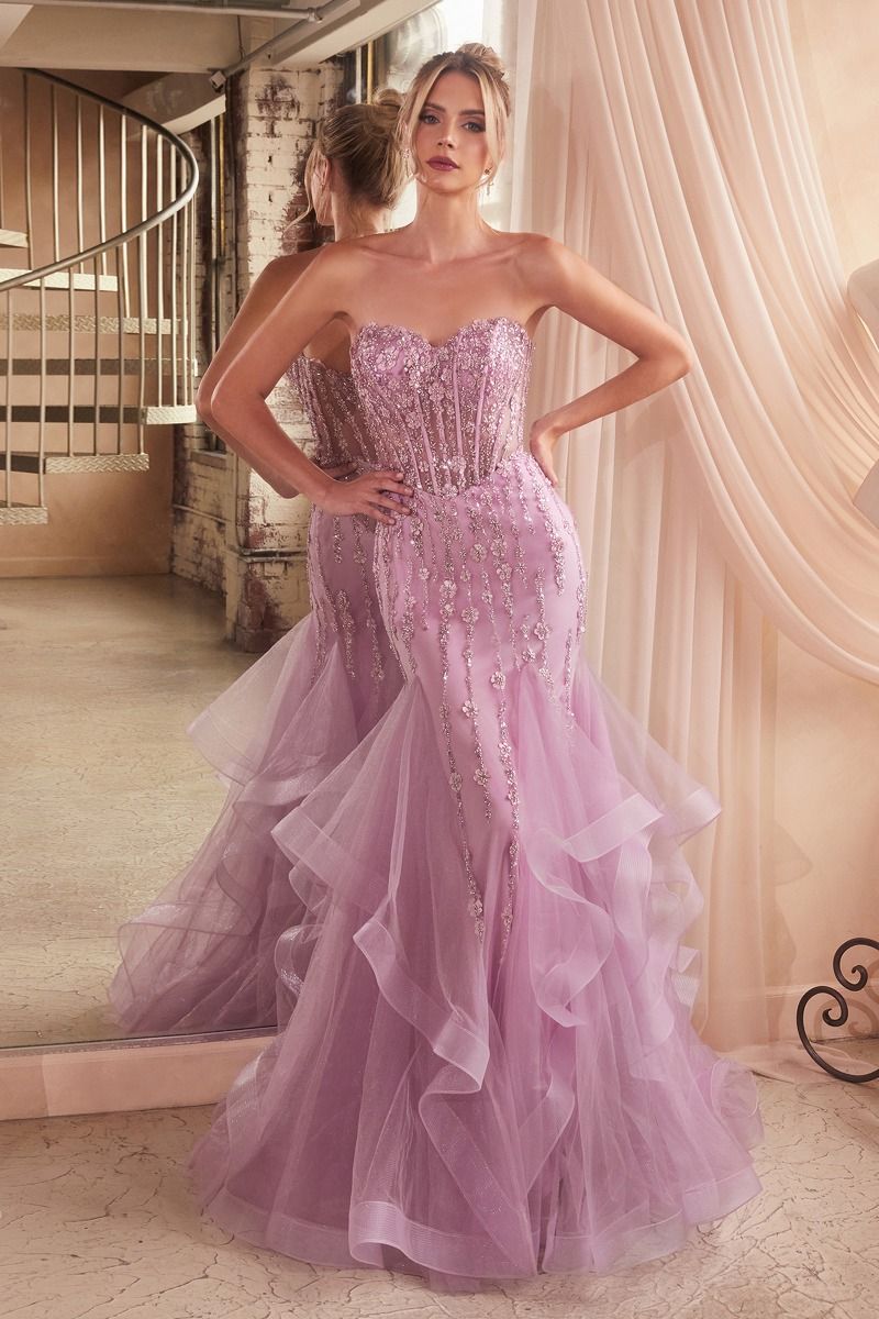 CD CD332 - Strapless Bead Embellished Mermaid Prom Gown with Sheer Boned Corset Bodice Tiered Skirt & Lace Up Corset Back PROM GOWN Cinderella Divine 2 ENGLISH VIOLET 