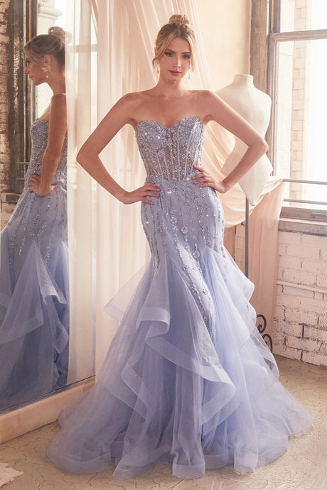 CD CD332 - Strapless Bead Embellished Mermaid Prom Gown with Sheer Boned Corset Bodice Tiered Skirt & Lace Up Corset Back PROM GOWN Cinderella Divine 4 PARIS BLUE 
