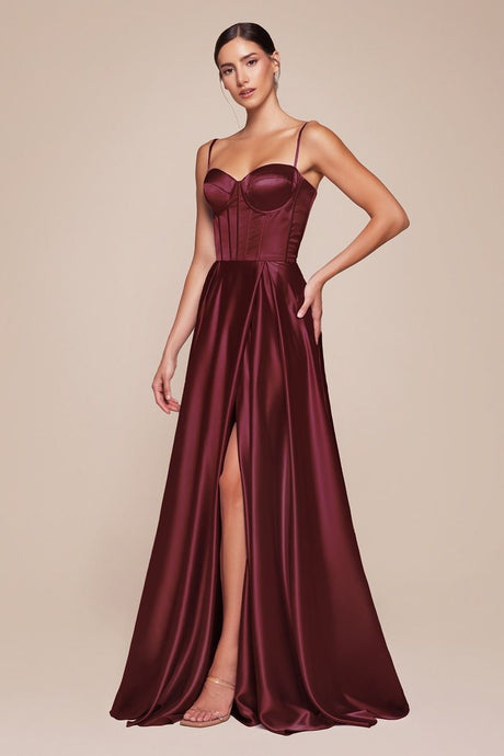 CD CD337 - Satin A-Line Prom Gown with Structured Corset Bodice Leg Slit & Open Lace Up Back PROM GOWN Cinderella Divine 2 Burgundy