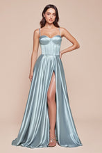 CD CD337 - Satin A-Line Prom Gown with Boned Corset Bodice & Leg Slit PROM GOWN CINDERELLA DIVINE light blue 2