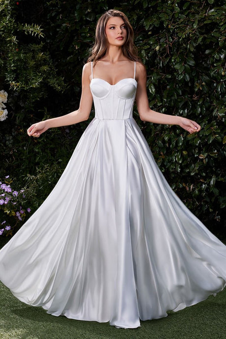 CD CD337W - Satin A-Line Wedding Gown with Structured Corset Bodice Leg Slit & Open Lace Up Back Wedding Gown Cinderella Divine