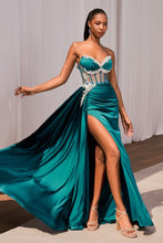 CD CD343 - Strapless Satin Fit & Flare Prom Gown with Sheer Boned Rhinestone Embellished Bodice Open Lace Up Back Leg Slit & Side Sash PROM GOWN Cinderella Divine 2 Peacock