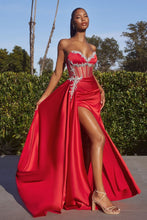 CD CD343 - Strapless Satin Fit & Flare Prom Gown with Sheer Boned Rhinestone Embellished Bodice Open Lace Up Back Leg Slit & Side Sash PROM GOWN Cinderella Divine 2 Red