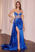 CD CD343 - Strapless Satin Fit & Flare Prom Gown with Sheer Boned Rhinestone Embellished Bodice Open Lace Up Back Leg Slit & Side Sash PROM GOWN Cinderella Divine 2 Royal Blue