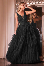 CD CD347 - Layered Tulle A-Line Prom Gown with Deep V-Neck & Fitted Waist PROM GOWN Cinderella Divine 4 Black