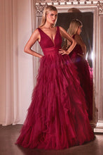 CD CD347 - Layered Tulle A-Line Prom Gown with Deep V-Neck & Fitted Waist PROM GOWN Cinderella Divine 6 Sangria